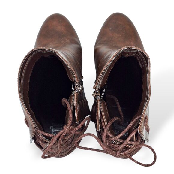JG Brown Heeled Ankle Boots Size 8.5 – Stacked Heel, Lace-Up Back, Zip Side - Picture 4 of 8